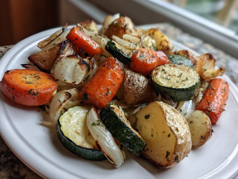 A close-up of perfectly roasted Garlic Herb Roasted Veggies including carrots, zucchini, potatoes, and onions on a white plate.