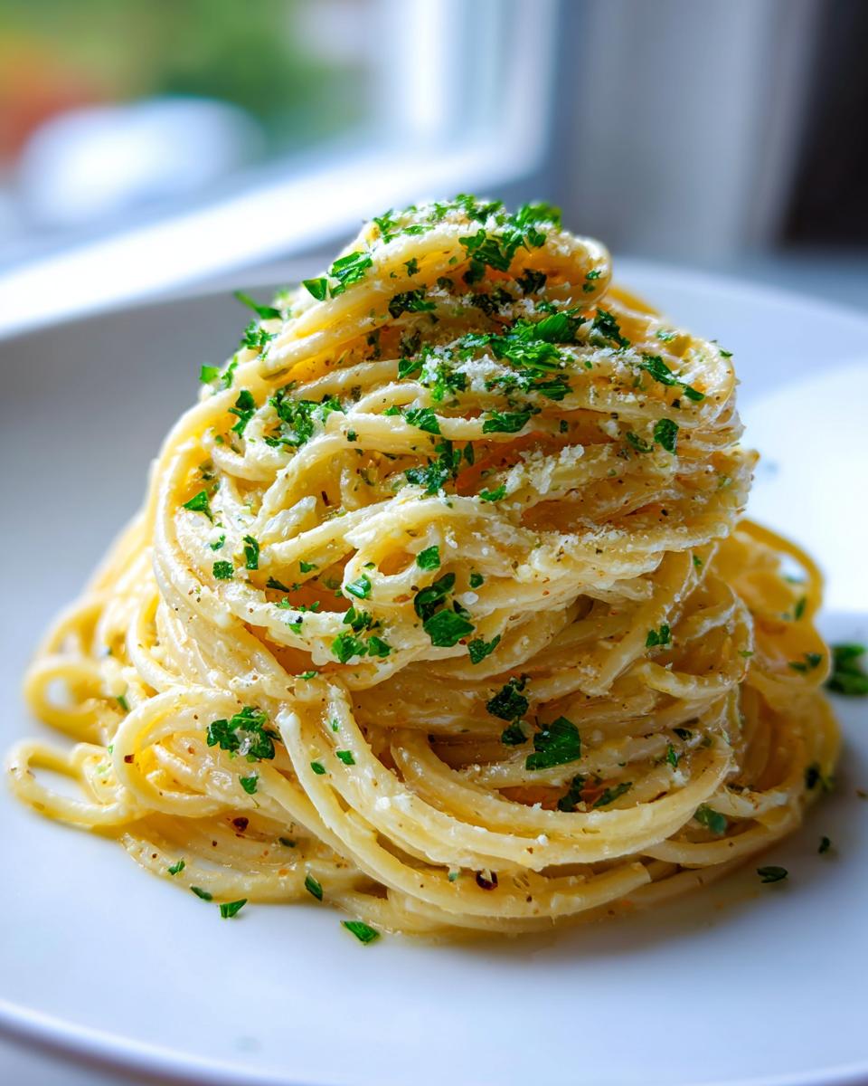 A tall, spiraled serving of creamy garlic parmesan pasta topped with grated cheese and fresh parsley.