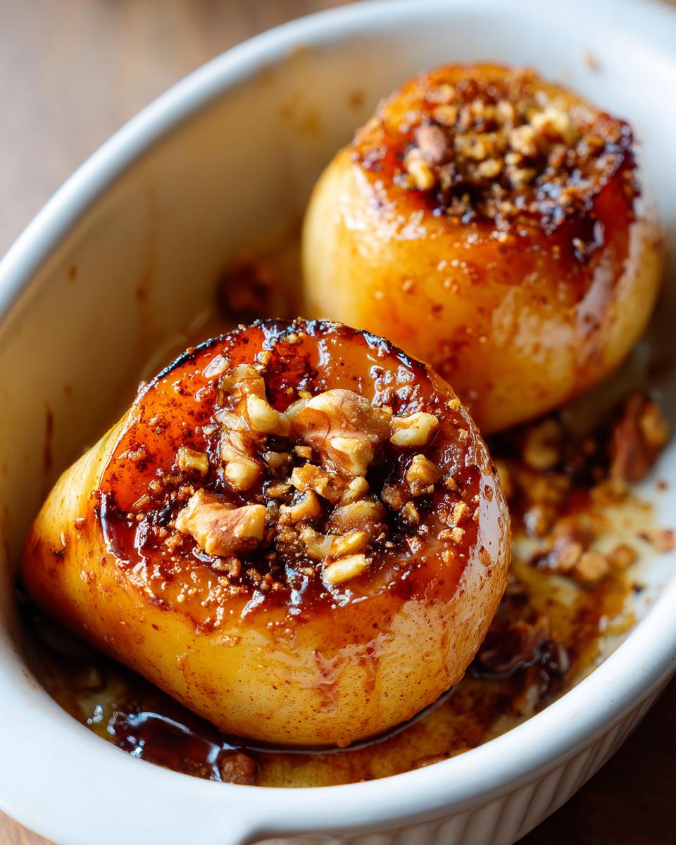 Two glistening baked pears topped with brown sugar glaze and chopped walnuts, served in a white baking dish.