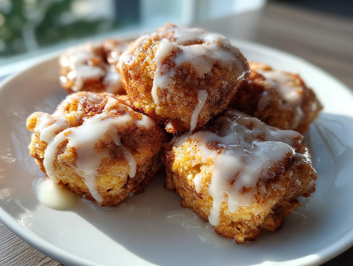 A close-up of several golden brown cinnamon roll bites drizzled generously with white icing on a white plate.