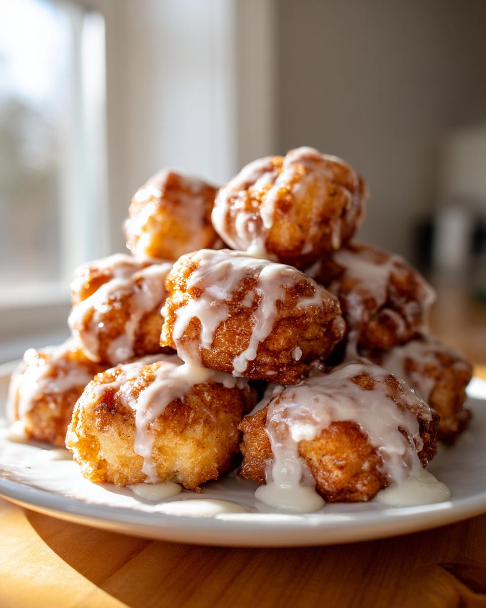 A tall stack of golden brown, fried cinnamon roll bites drizzled generously with white vanilla icing.