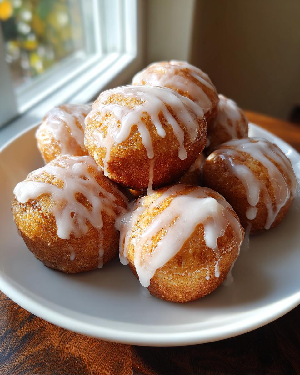 A stack of freshly baked, golden brown cinnamon roll bites drizzled generously with white vanilla glaze.