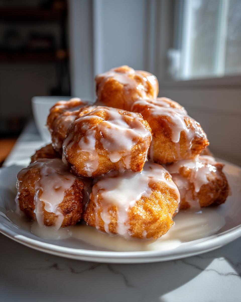 A tempting stack of golden brown cinnamon roll bites generously drizzled with white icing, sitting on a white plate.