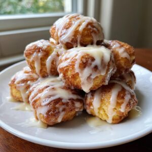 A tempting stack of golden brown cinnamon roll bites drizzled generously with white icing on a white plate.