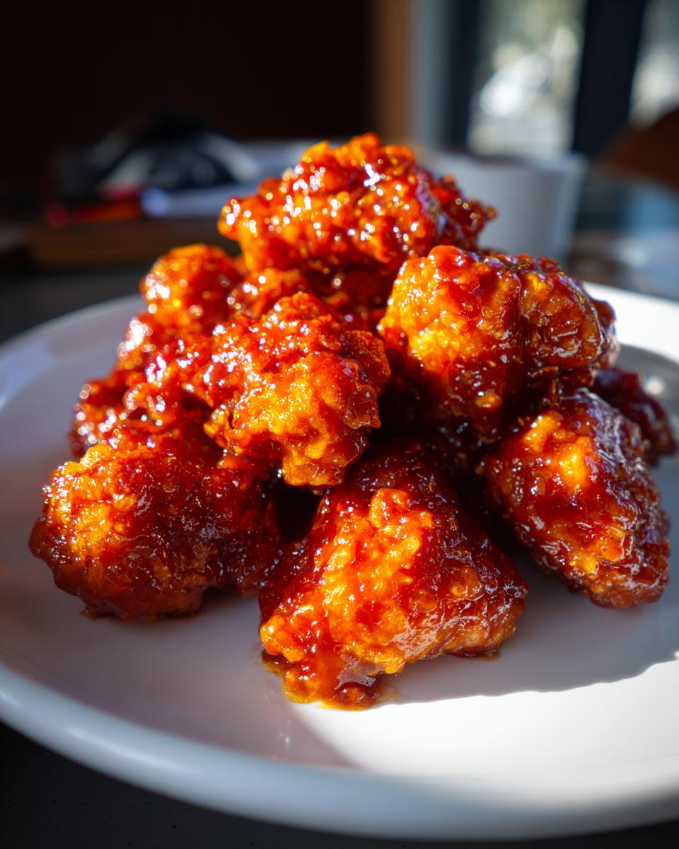 Close-up of crispy chicken pieces heavily coated in a thick, glossy, reddish-orange sauce from the orange chicken recipe.