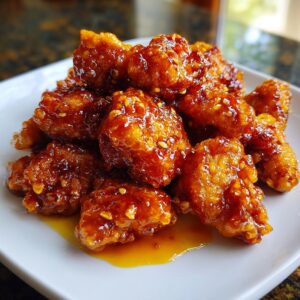 Close-up of crispy, glazed pieces of orange chicken recipe piled on a white plate, glistening with sauce and sesame seeds.