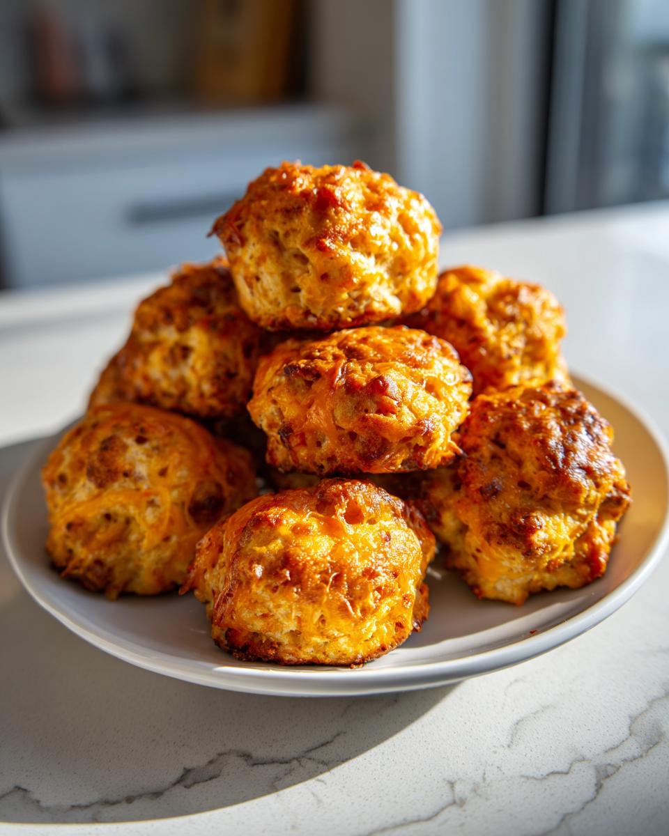 A stack of golden brown, cheesy bisquick sausage balls piled high on a white plate.