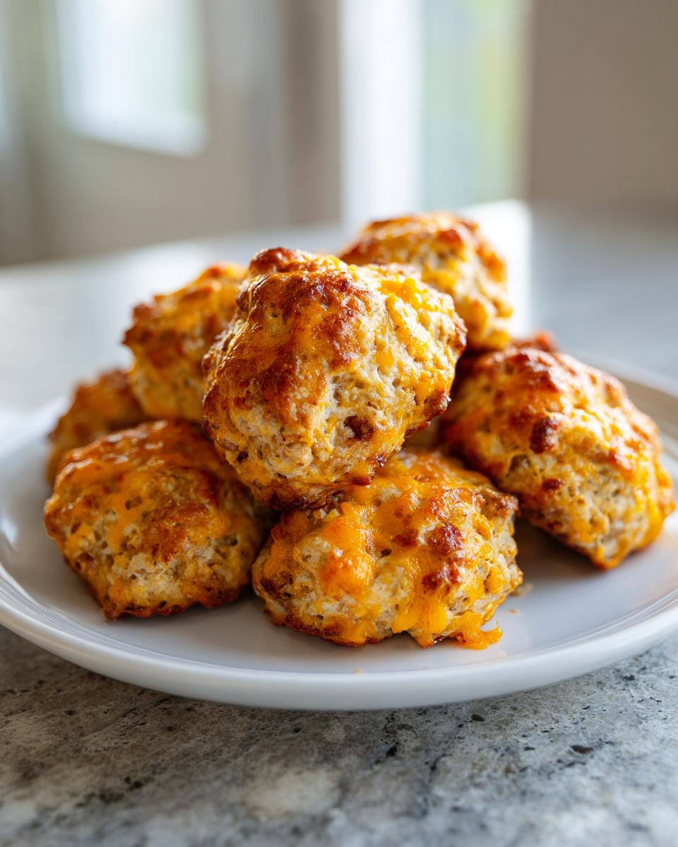 A stack of golden brown bisquick sausage balls, topped with melted cheddar cheese, served on a white plate.