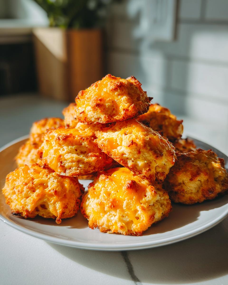 A stack of freshly baked, cheesy bisquick sausage balls piled high on a light gray plate.