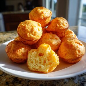 A pile of golden brown Brazilian cheese bread on a white plate, with one piece broken open showing the airy interior.