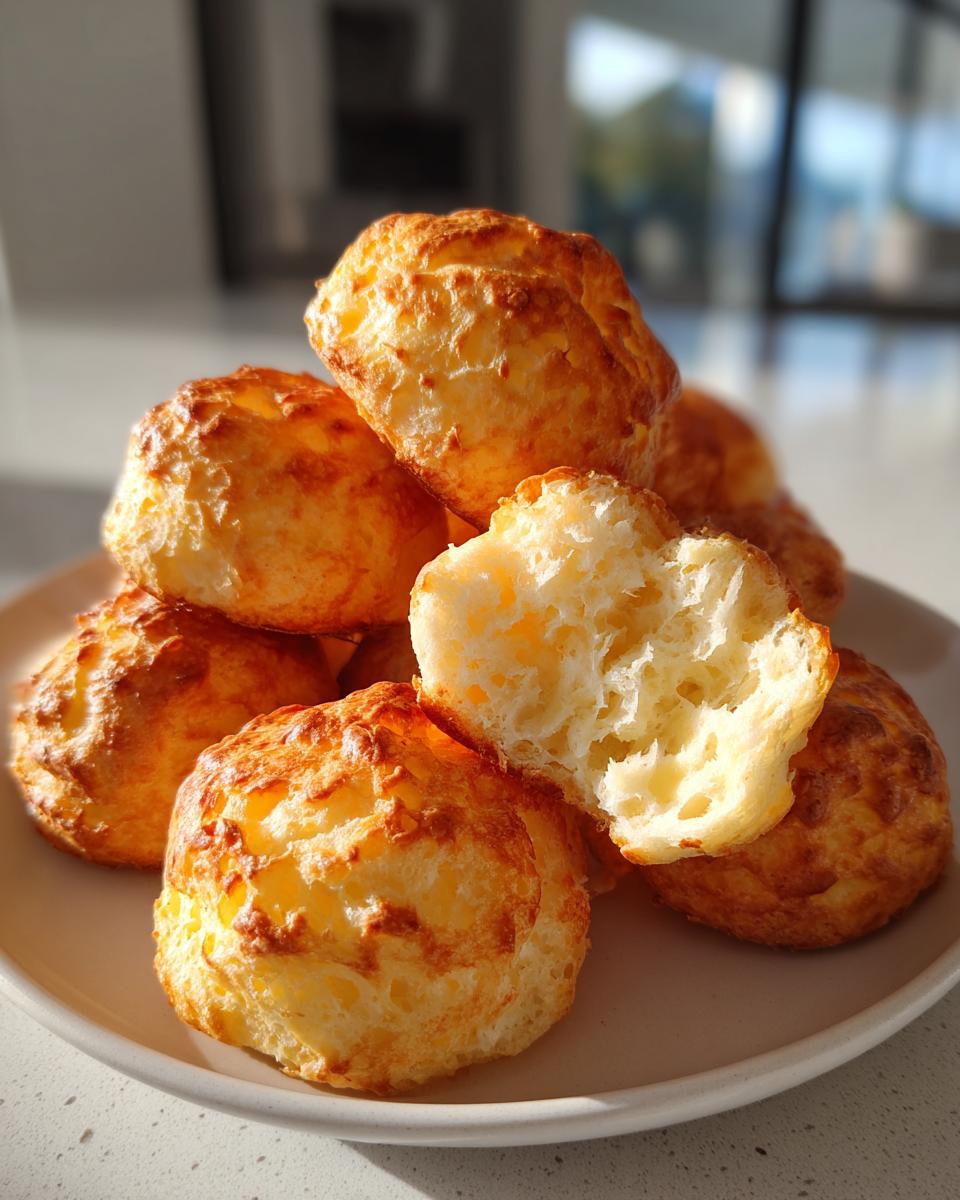 A stack of golden brown brazilian cheese bread rolls, one broken open showing the airy, chewy interior.