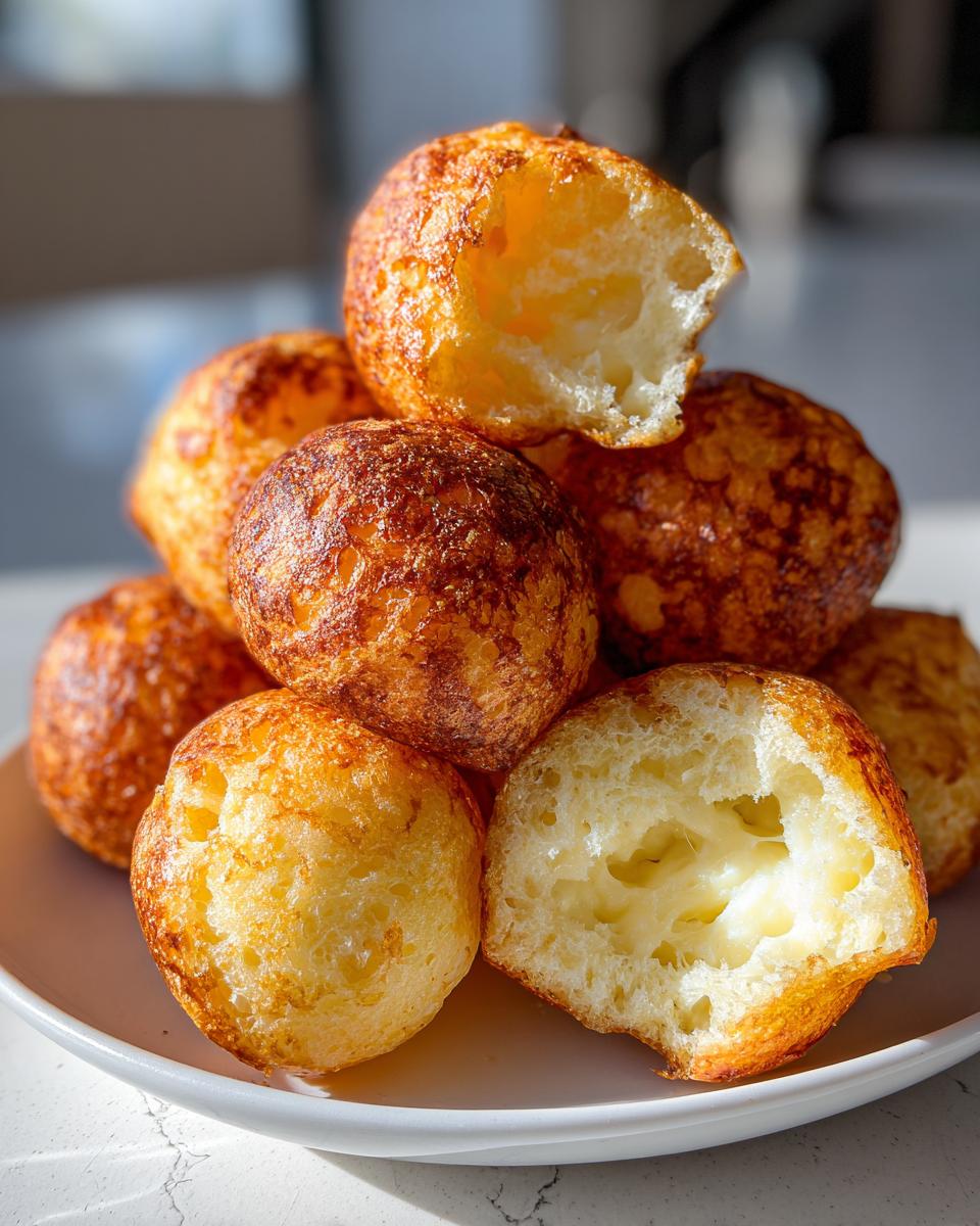 A stack of golden-brown Brazilian cheese bread (pão de queijo) with one piece broken open showing the cheesy interior.
