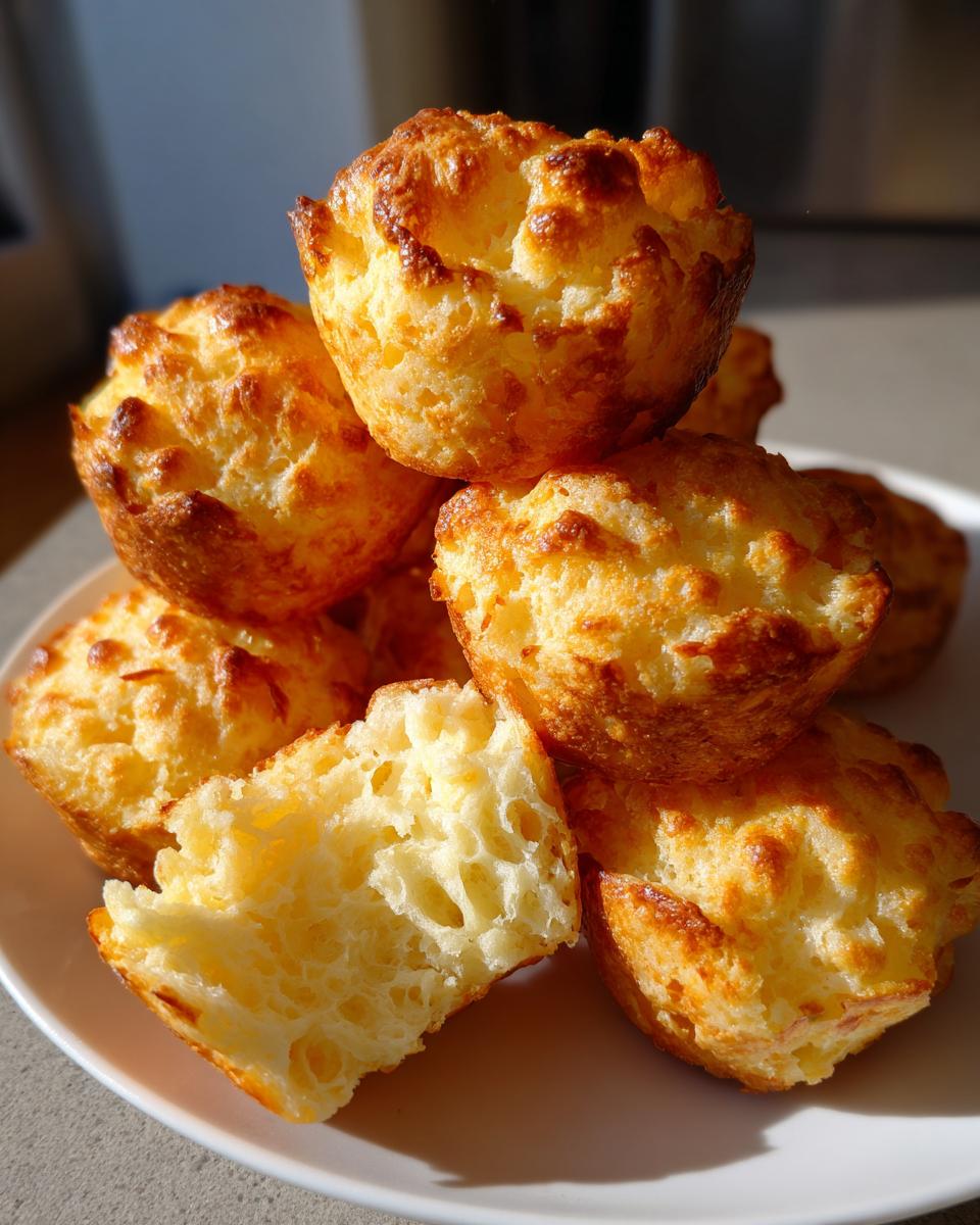 A stack of golden-brown, freshly baked brazilian cheese bread muffins, with one broken open showing the airy, cheesy interior.