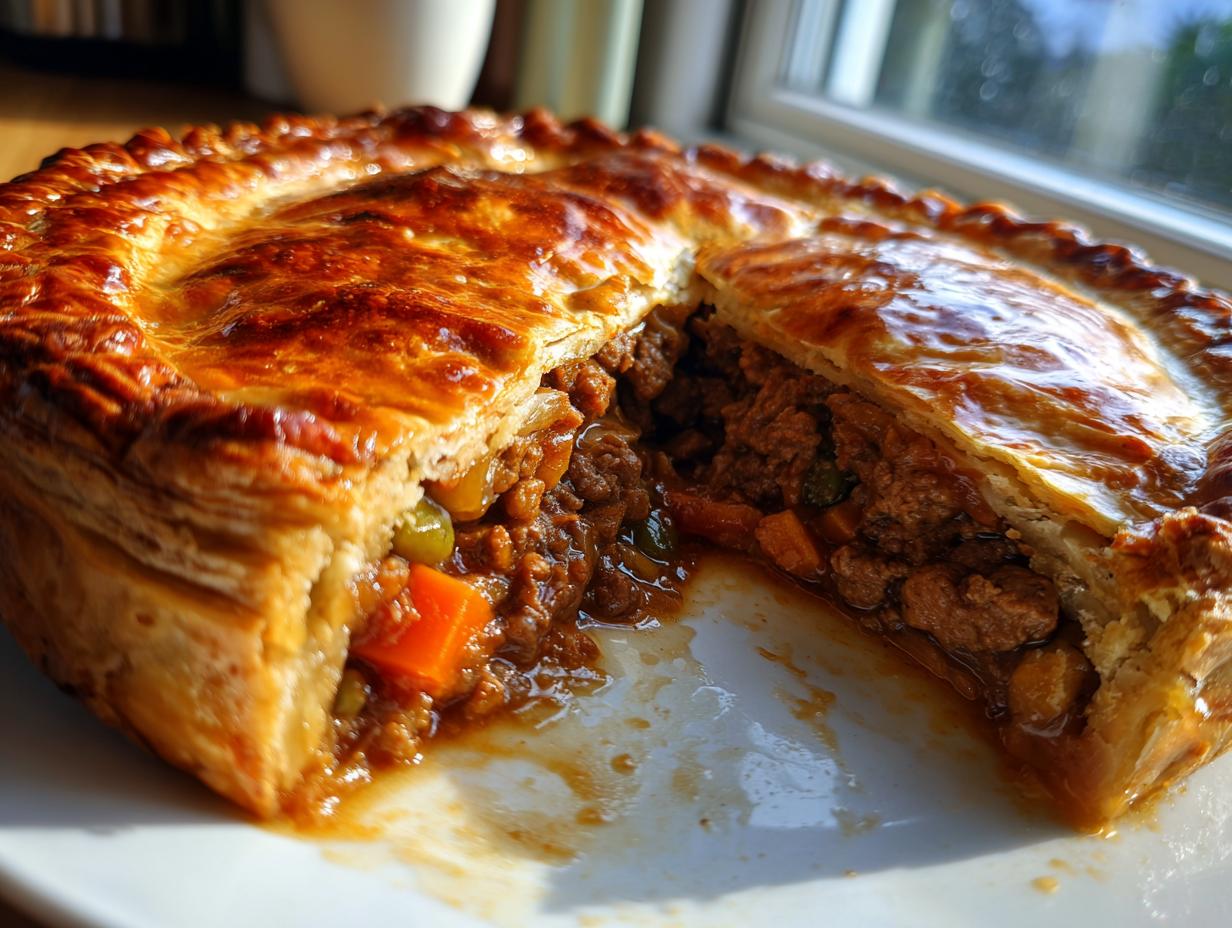 A cross-section of a golden, flaky crust meat pie revealing a rich, savory filling of ground meat and vegetables.