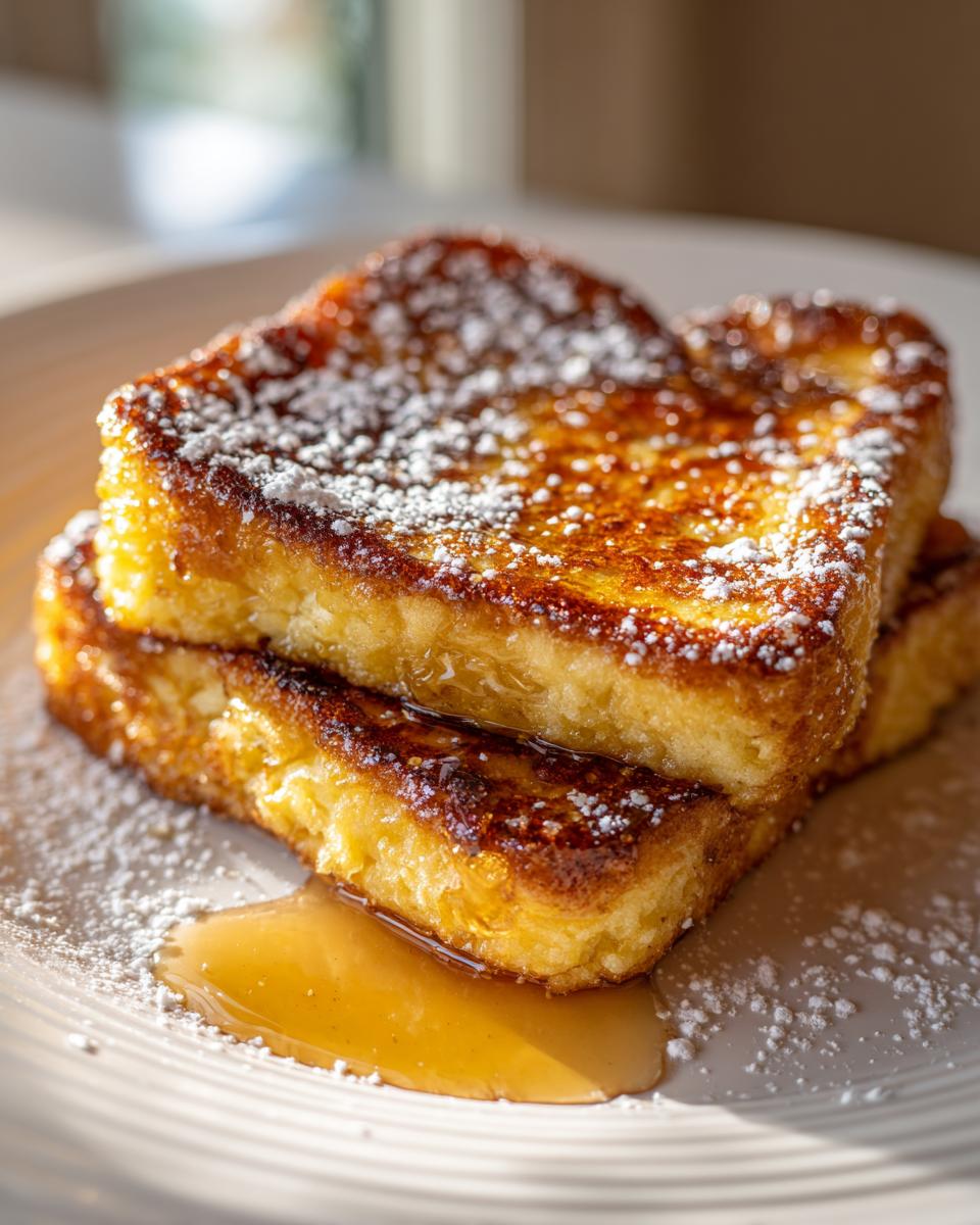 Close-up of two thick slices of golden brown french toast dusted with powdered sugar and drizzled with syrup.