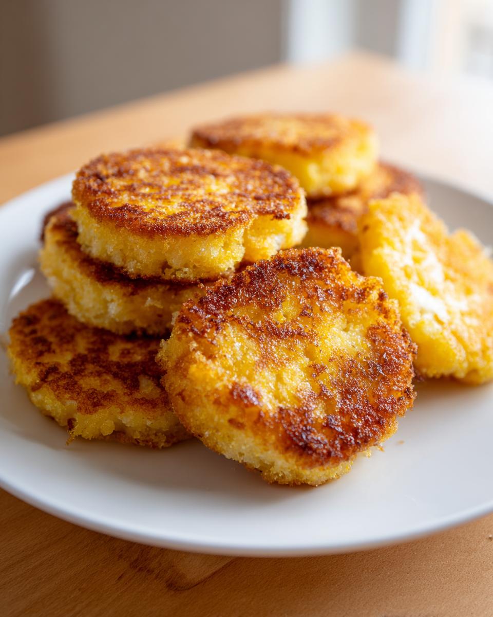 A stack of perfectly golden brown, round fried cornbread patties served on a white plate.