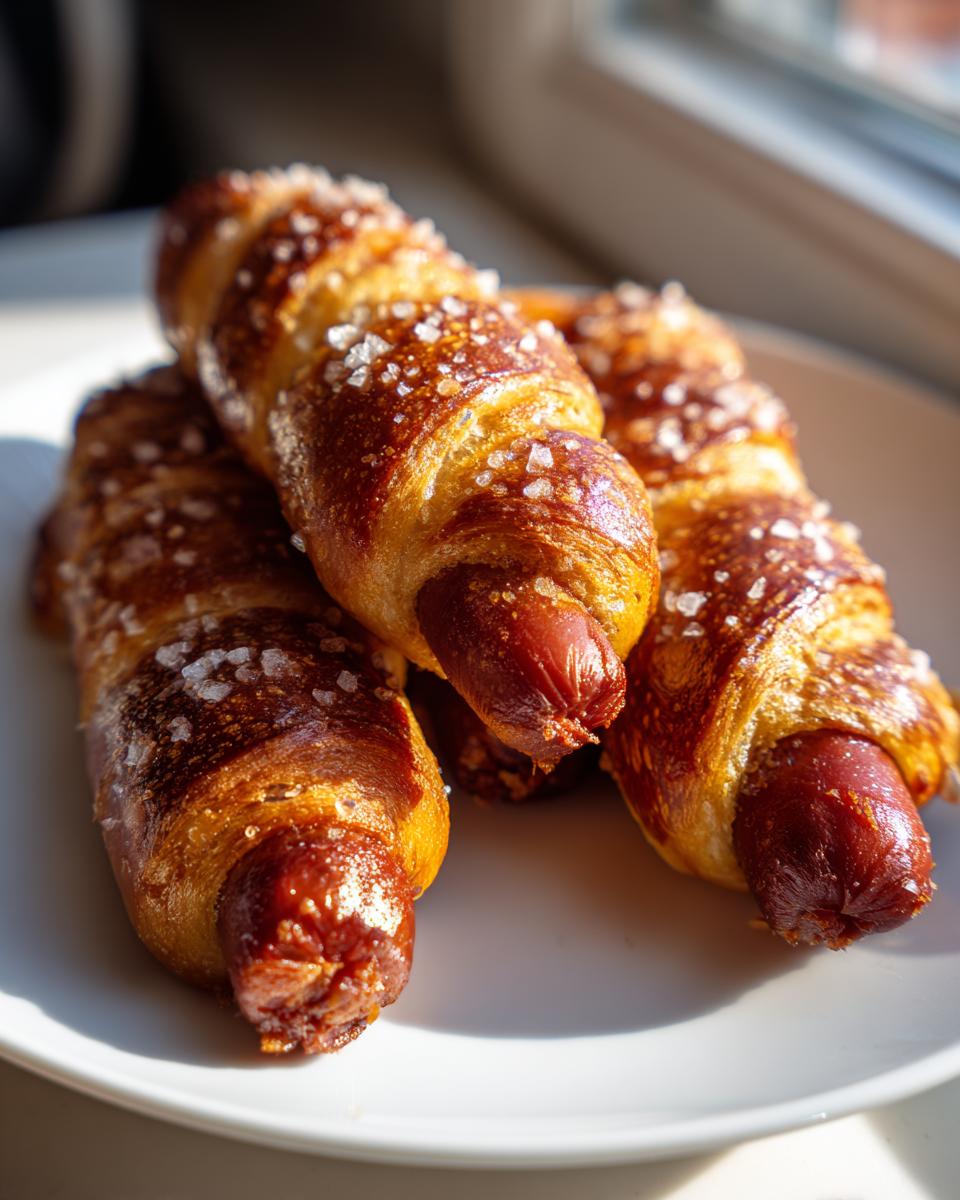 Close-up of three freshly baked pretzel dogs, wrapped in golden brown dough and topped with coarse salt crystals.