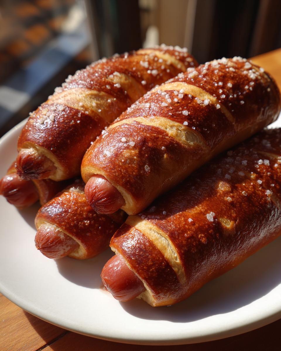 A close-up of several freshly baked pretzel dogs stacked on a white plate, featuring shiny brown crust and coarse salt.