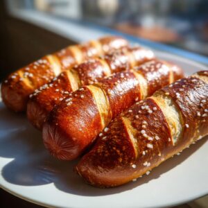 Close-up of several freshly baked pretzel dogs, shiny brown and sprinkled with coarse salt.