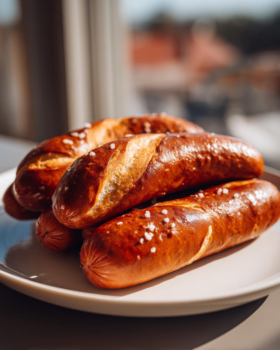 A stack of freshly baked pretzel dogs with a dark, glossy crust and coarse salt crystals on top.
