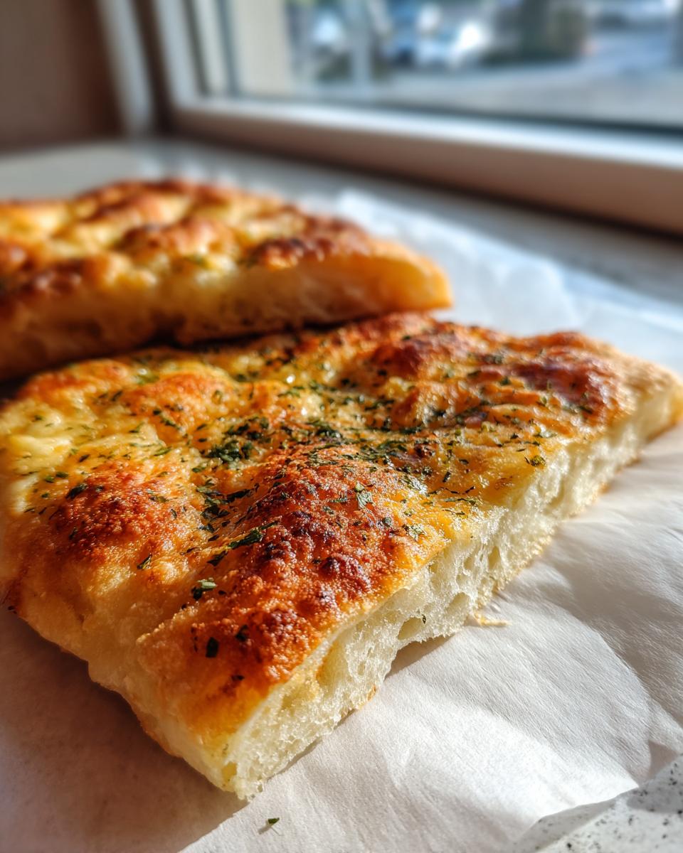 Close-up of a thick, golden-brown slice of keto pizza crust topped with herbs.
