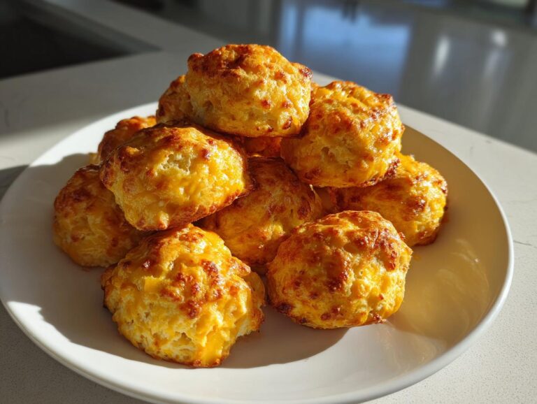 A stack of golden brown, cheesy bisquick sausage balls piled high on a white plate.