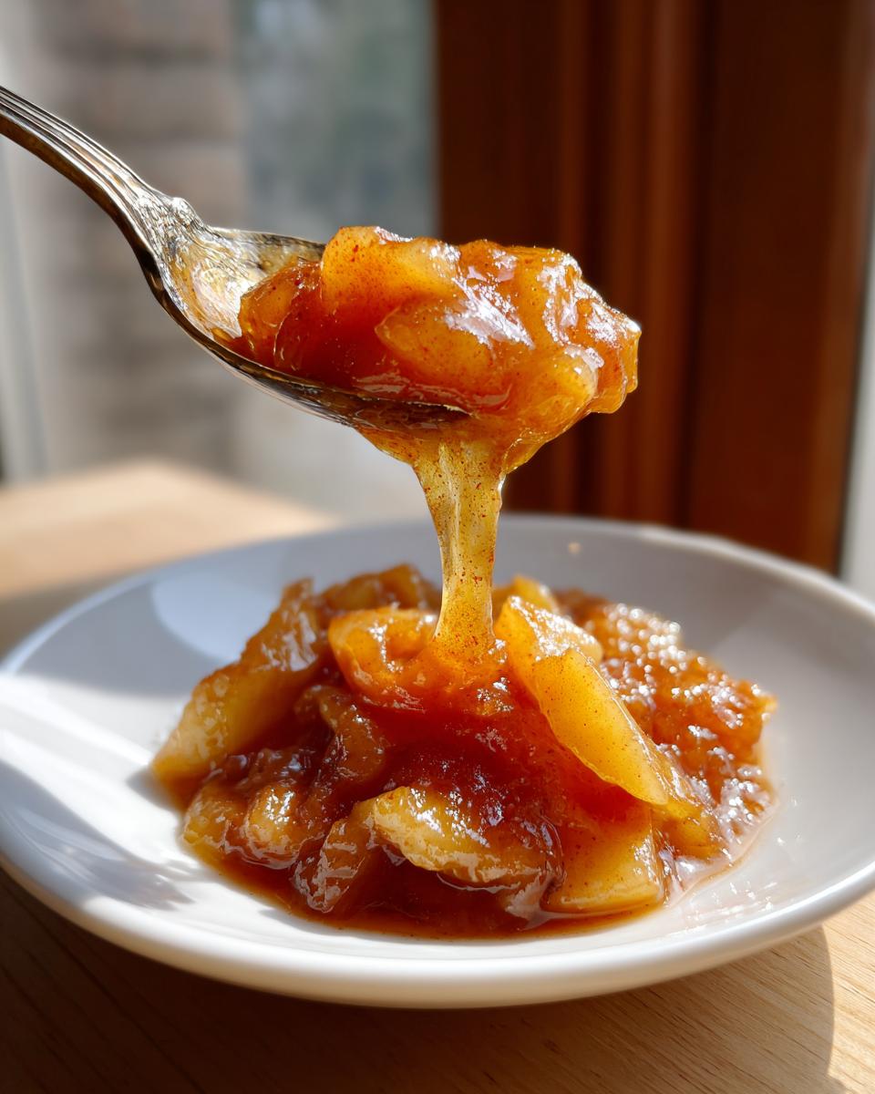 Close-up of thick, spiced apple pie filling dripping from a silver spoon onto a white plate.
