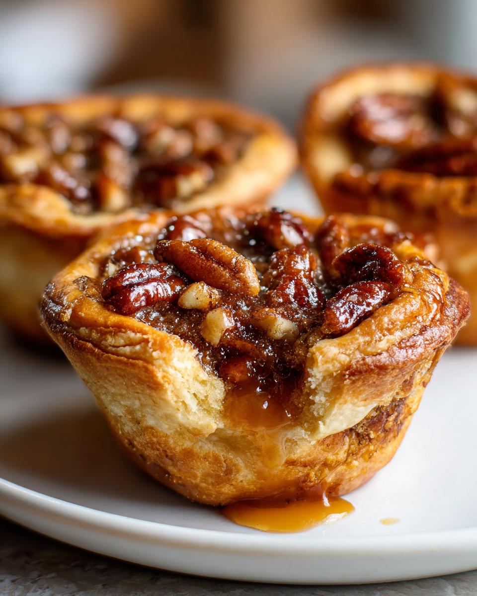 Close-up of one of the mini pecan pies with a bite taken out, showing gooey filling dripping onto a white plate.