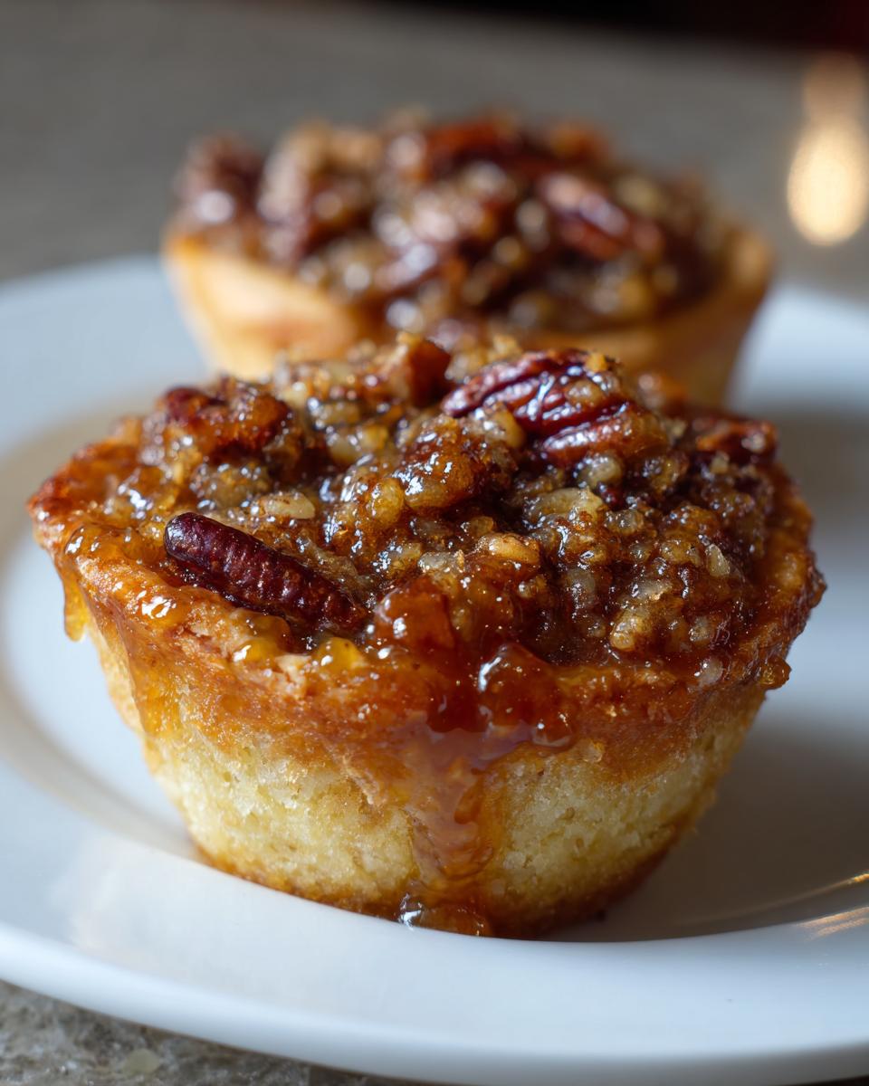 Close-up of a freshly baked mini pecan pie with a gooey, caramelized pecan topping, sitting on a white plate.