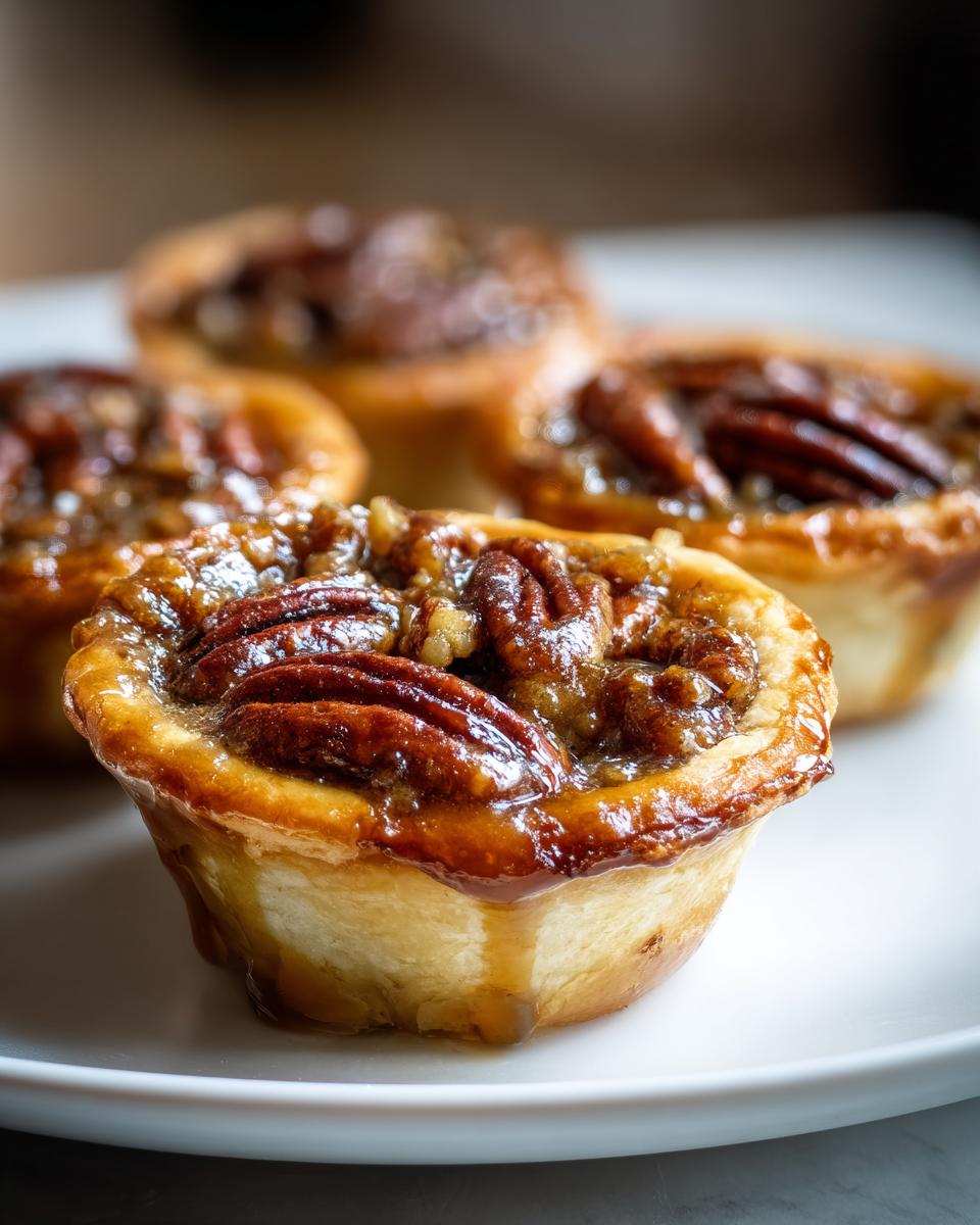 A close-up, shallow depth of field shot of several gooey, glazed mini pecan pies topped with whole pecans.