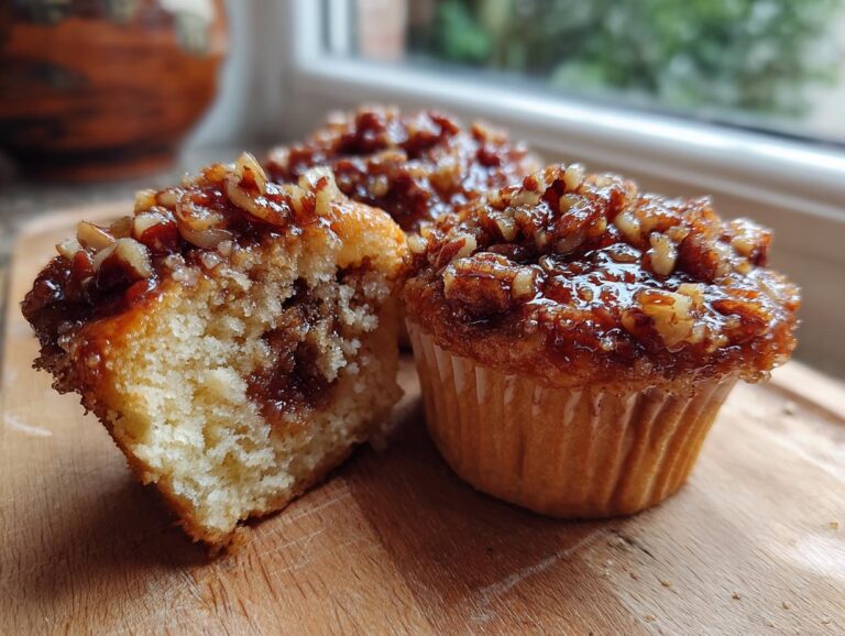 Close-up of gooey pecan pie muffins, one cut open to show the filling, topped with sticky pecans.