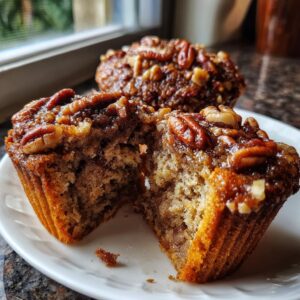 Close-up of a pecan pie muffin cut in half showing the moist interior and gooey pecan topping.