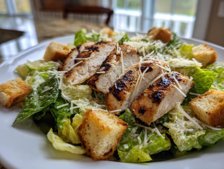 Close-up of a fresh Caesar salad topped with sliced grilled chicken breast, large croutons, and grated Parmesan cheese.