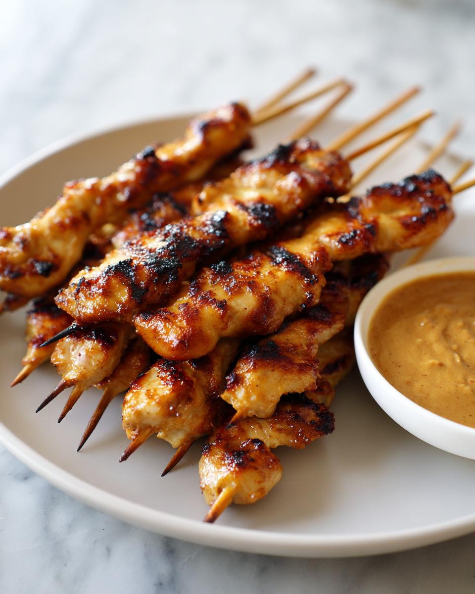 A plate piled high with perfectly grilled chicken satay skewers served next to a small bowl of creamy peanut dipping sauce.