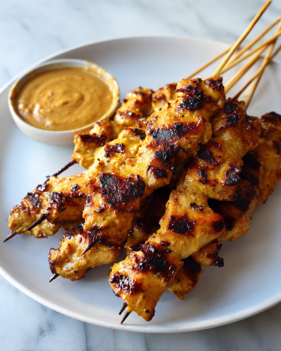A plate of perfectly grilled chicken satay skewers served next to a small bowl of creamy peanut dipping sauce.