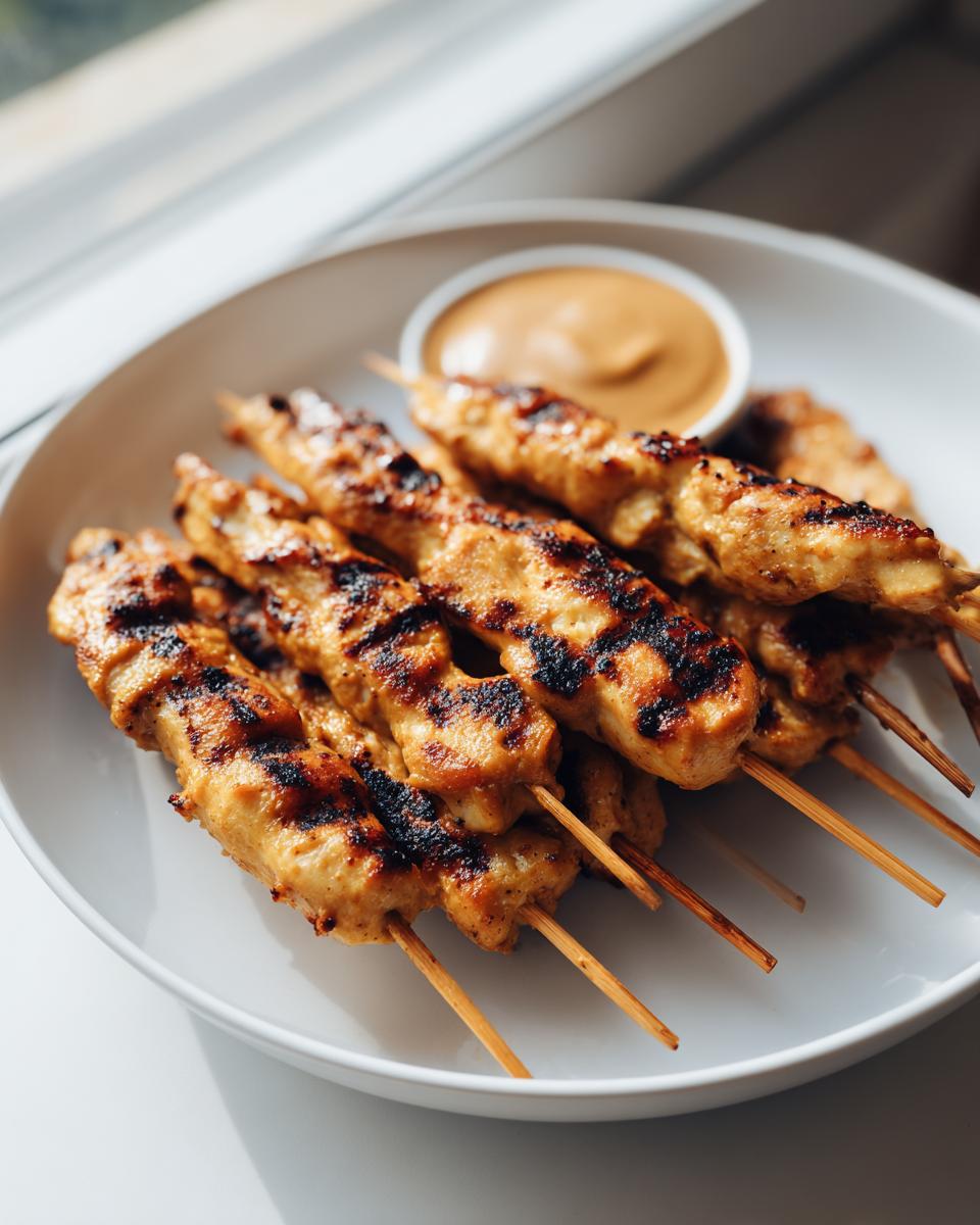 Close-up of perfectly grilled chicken satay skewers served on a white plate with a side of creamy peanut sauce.