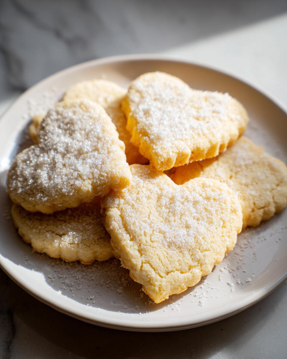 A plate of freshly baked, heart-shaped sugar cookie cutouts topped with sparkling granulated sugar.