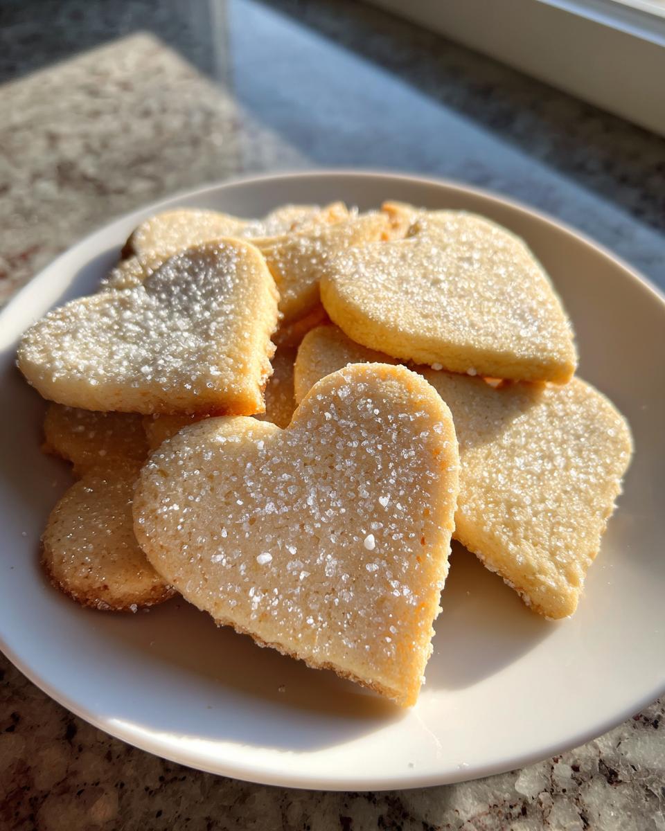 A pile of heart-shaped sugar cookie cutouts sprinkled generously with coarse sugar crystals.