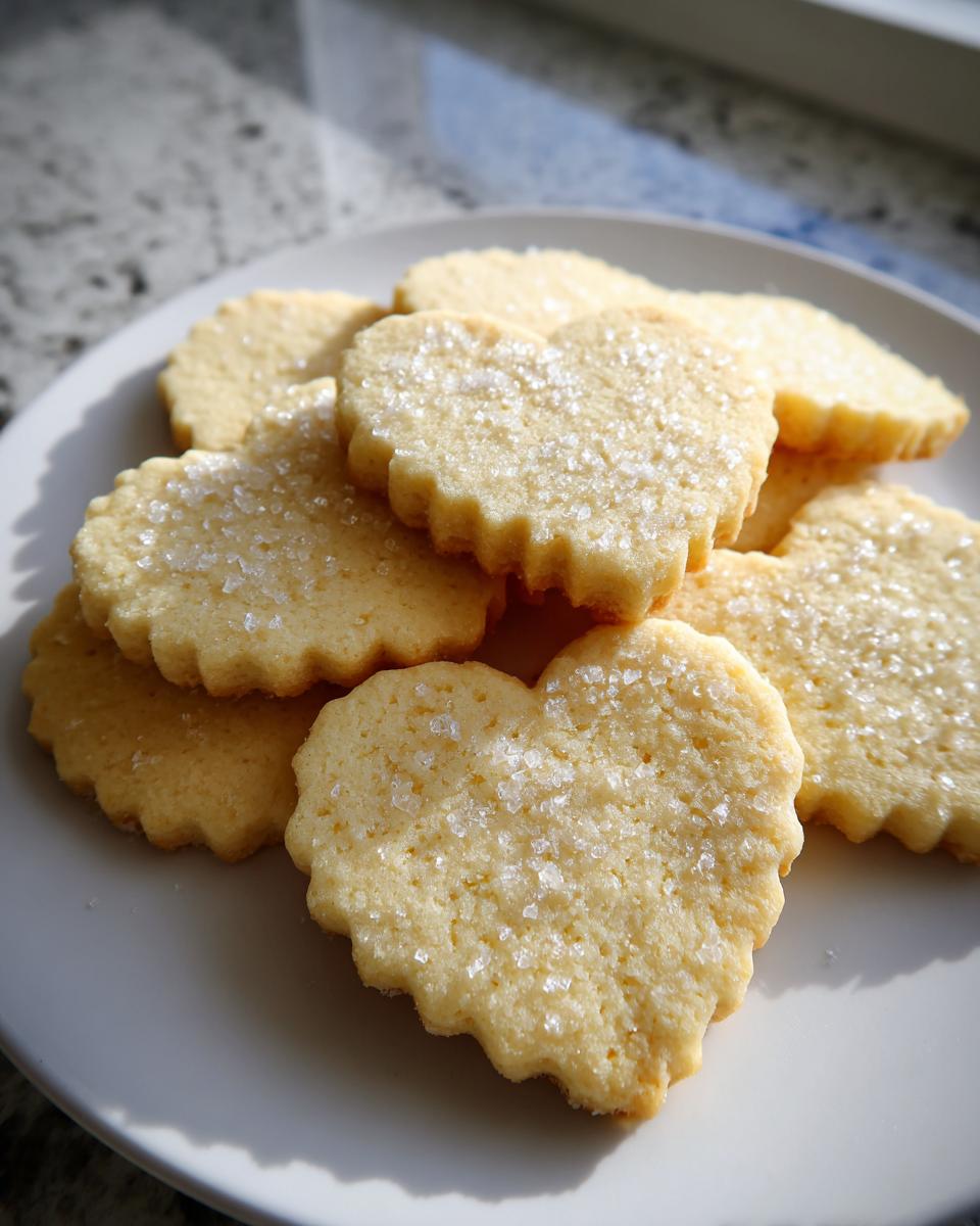 A pile of heart-shaped, golden sugar cookie cutouts sprinkled with coarse sugar.