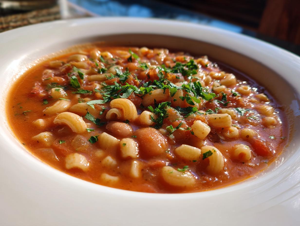 Close-up of a white bowl filled with rich, tomato-based pasta fagioli soup, topped with fresh parsley.