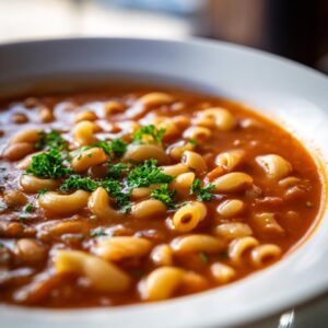 Close-up of a rich, tomato-based pasta fagioli soup with elbow macaroni and beans, garnished with fresh parsley.