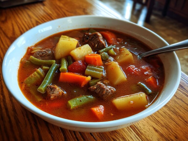 Close-up of a white bowl filled with rich vegetable beef soup, featuring chunks of beef, potatoes, carrots, and green beans.