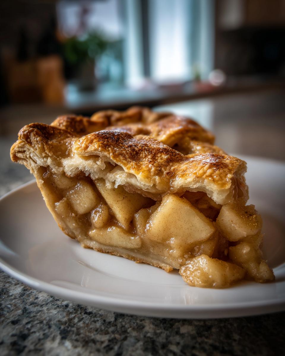 Close-up of a thick slice of homemade apple pie showing chunky, spiced apple filling and a golden, flaky top crust.