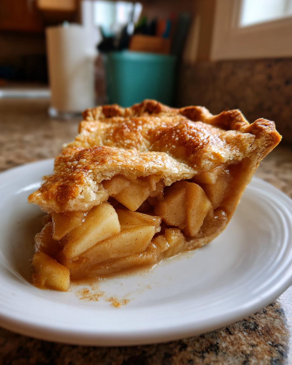 Close-up of a generous slice of homemade apple pie showing thick, cinnamon-spiced apple filling and a golden, flaky top crust.