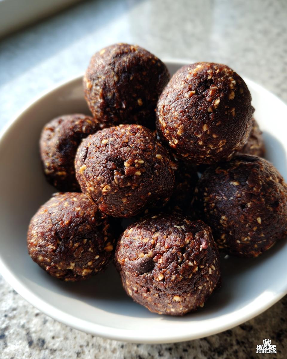A bowl filled with rich, dark chocolate protein balls speckled with visible seeds or nuts.