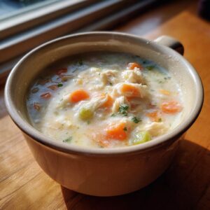 Close-up of a hearty bowl of homemade cream of chicken soup, showing shredded chicken, carrots, and celery in a creamy broth.