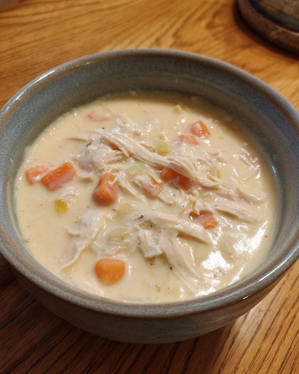 A close-up of a bowl filled with rich homemade cream of chicken soup, featuring shredded chicken and diced carrots.