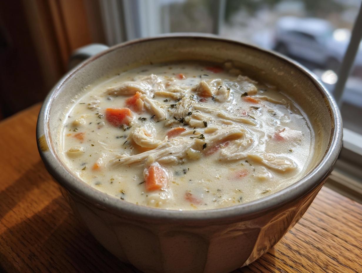 A close-up of a rustic bowl filled with rich homemade cream of chicken soup, featuring shredded chicken and diced carrots.