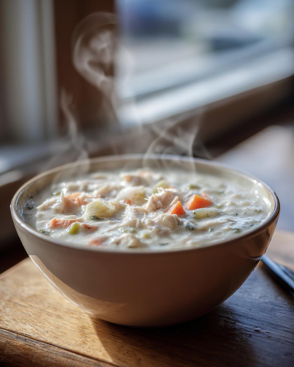 A steaming bowl of homemade cream of chicken soup filled with chunks of chicken, carrots, and potatoes.