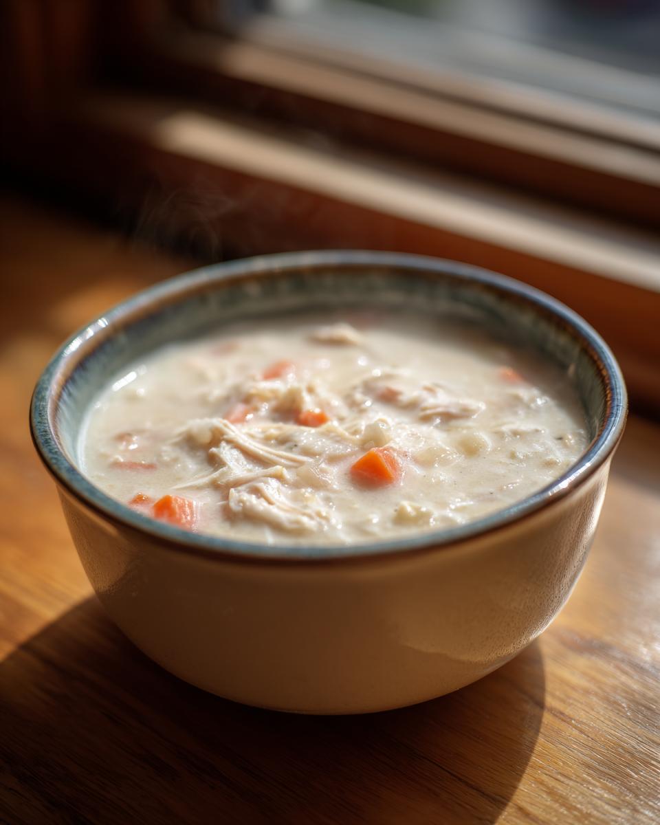 A steaming bowl of homemade cream of chicken soup filled with shredded chicken and diced carrots, sitting on a wooden surface.